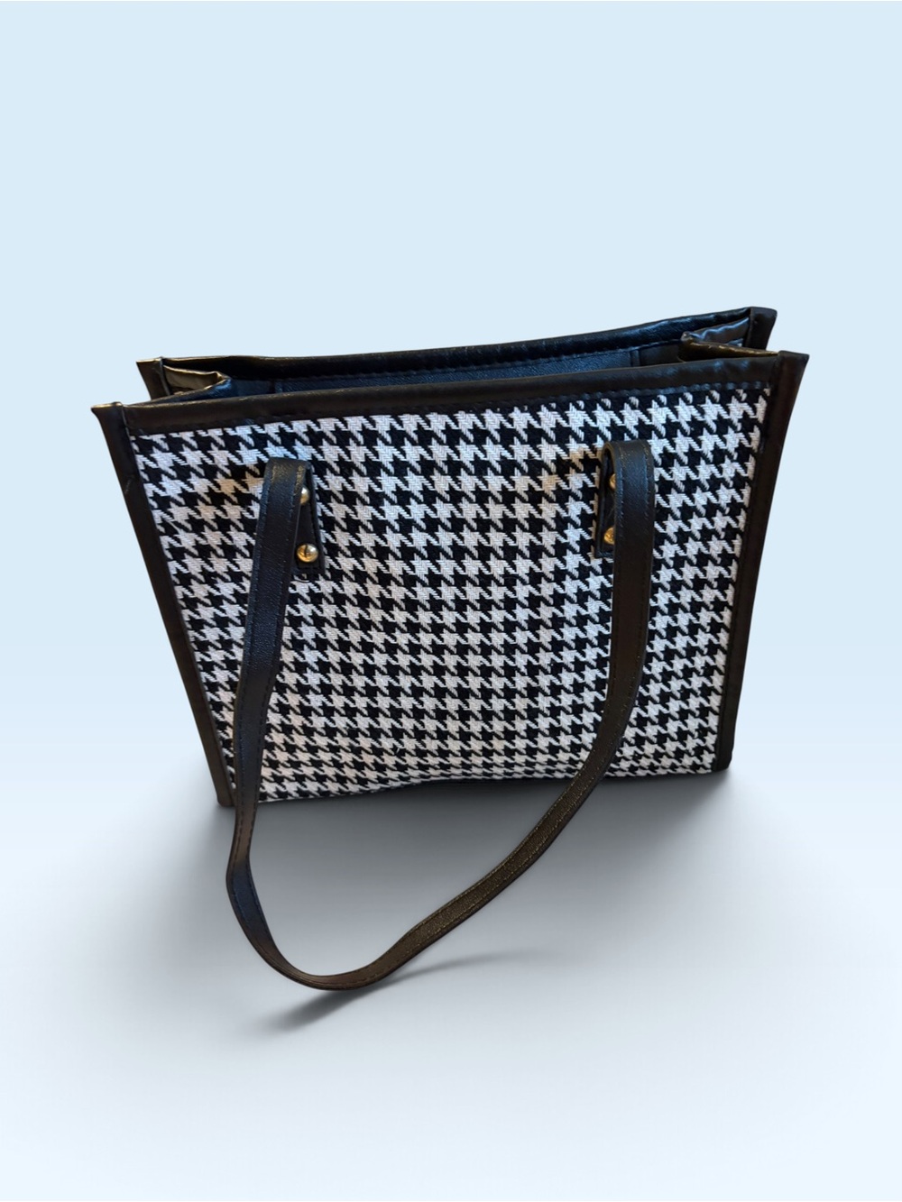 Black & White Houndstooth Tote with Black Trim